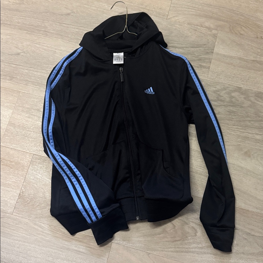 adidas Black Hoodie Jacket with Light Blue Stripe Accents